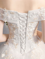 Princess Ball Gown Wedding Dresses Off The Shoulder Ivory Lace Beaded Floor Length Bridal Dress
