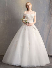 Princess Ball Gown Wedding Dresses Off The Shoulder Ivory Lace Beaded Floor Length Bridal Dress