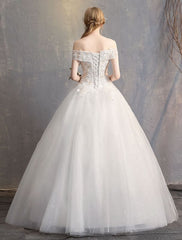 Princess Ball Gown Wedding Dresses Off The Shoulder Ivory Lace Beaded Floor Length Bridal Dress