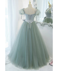 Unique and elegant mint green square neck fluffy short sleeved ball dress with mint green backless strap bow belt and floor length prom dress