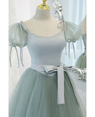 Unique and elegant mint green square neck fluffy short sleeved ball dress with mint green backless strap bow belt and floor length prom dress