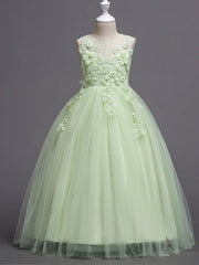 Princess Lace Print Tulle Sleeveless Floor Length Flower Girl Dresses