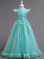 Princess Short Sleeve Flower Girl Dress with Lace Appliques Ruffles