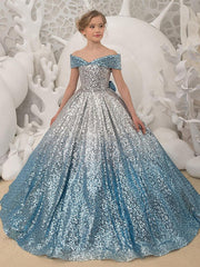 Princess Short Sleeves Ball Gown with Bow Pleats Sequins & Lace