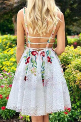 Princess V Neck Floral Embroidery Dress with Pocket Long Lace Prom Dresses