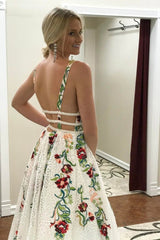 Princess V Neck Floral Embroidery Dress with Pocket Long Lace Prom Dresses
