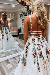 Princess V Neck Floral Embroidery Dress with Pocket Long Lace Prom Dresses