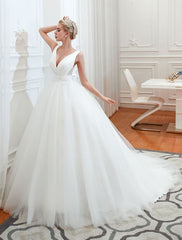 Princess Wedding Dress Ball Gown V Neck Sleeveless with Court Train