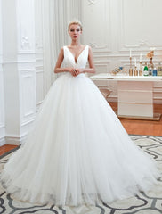 Princess Wedding Dress Ball Gown V Neck Sleeveless with Court Train