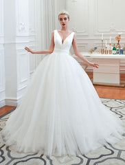 Princess Wedding Dress Ball Gown V Neck Sleeveless with Court Train
