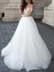 Princess Wedding Dress Ball Gown Sweetheart Neck Long Sleeves Backless Lace Tulle Bridal Dresses With Court Train