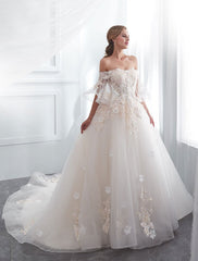 Princess Wedding Dresses Half Sleeve Off Shoulder Lace Flowers Pearls Applique Ivory Bridal Dress With Train
