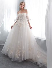 Princess Wedding Dresses Half Sleeve Off Shoulder Lace Flowers Pearls Applique Ivory Bridal Dress With Train