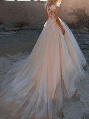 Princess Wedding Dresses Jewel Neck Sleeveless Lace Soft Tulle Bridal Gowns