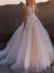 Princess Wedding Dresses Jewel Neck Sleeveless Lace Soft Tulle Bridal Gowns