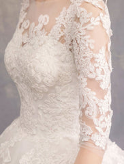 Princess Wedding Dresses Lace Illusion Half Sleeve Floor Length Bridal Gown