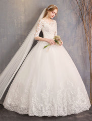 Princess Wedding Dresses Lace Illusion Half Sleeve Floor Length Bridal Gown