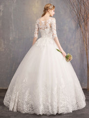 Princess Wedding Dresses Lace Illusion Half Sleeve Floor Length Bridal Gown