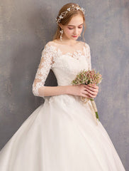 Princess Wedding Dresses Lace Illusion Half Sleeve Floor Length Bridal Gown