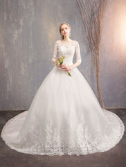 Princess Wedding Dresses Lace Illusion Half Sleeve Floor Length Bridal Gown