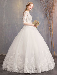 Princess Wedding Dresses Lace Illusion Half Sleeve Floor Length Bridal Gown