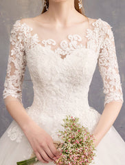 Princess Wedding Dresses Lace Illusion Half Sleeve Floor Length Bridal Gown