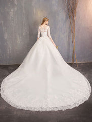 Princess Wedding Dresses Lace Illusion Half Sleeve Floor Length Bridal Gown