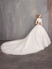 Princess Wedding Dresses Lace Illusion Half Sleeve Floor Length Bridal Gown