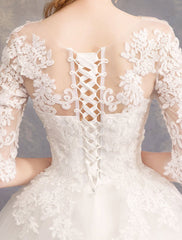 Princess Wedding Dresses Lace Illusion Half Sleeve Floor Length Bridal Gown