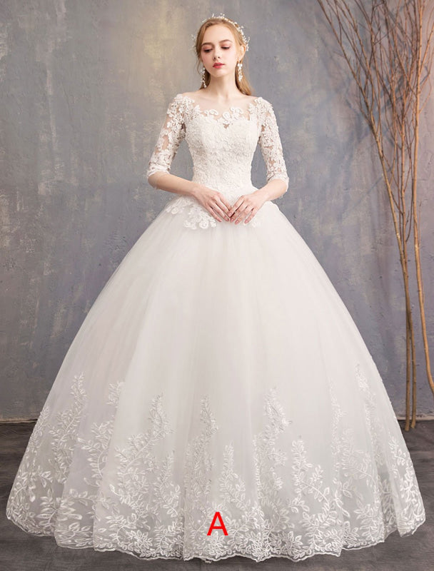 Princess Wedding Dresses Lace Illusion Half Sleeve Floor Length Bridal Gown
