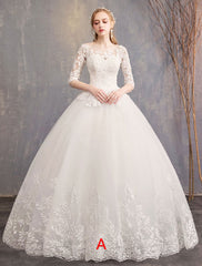 Princess Wedding Dresses Lace Illusion Half Sleeve Floor Length Bridal Gown