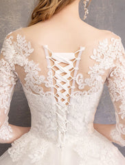 Princess Wedding Dresses Lace Illusion Half Sleeve Floor Length Bridal Gown