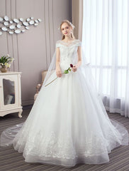 Princess Wedding Dresses Lace Watteau Train Applique Beaded Ivory Bridal Gowns