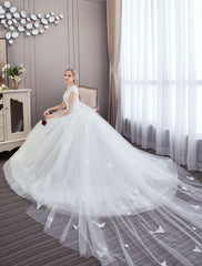Princess Wedding Dresses Lace Watteau Train Applique Beaded Ivory Bridal Gowns