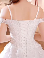 Princess Wedding Dresses Off The Shoulder Bridal Dress Straps Lace Applique Beading Wedding Gown With Long Train