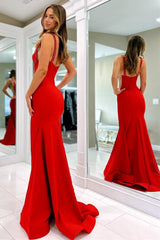 Mermaid Navy Blue Beaded Satin Prom Dresses