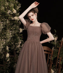 Pretty Tulle Short Sleeves Floor Length Prom Dress, Brown Tulle Formal Dress