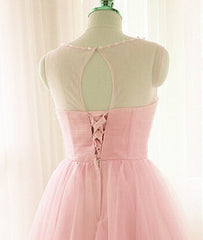 Lovely Pink Short Tulle Beaded Graduation Dresses, Pink Knee Length Prom Dress, Party Dresses