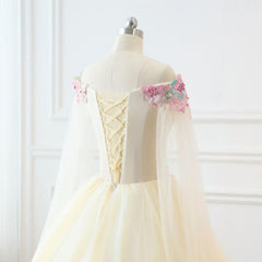 Light Champagne Off Shoulder Tulle with Flowers Formal Gown, Long Sweet 16 Dress