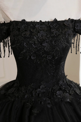 Black Off Shoulder Tulle Ball Gown with Lace Sweet 16 Dress, Black Long Evening Dress