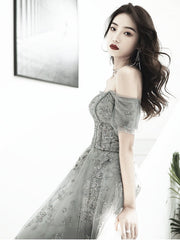 Grey Off Shoulder A-line Tulle with Lace Long Party Dress, Grey Evening Dresses Prom Dress