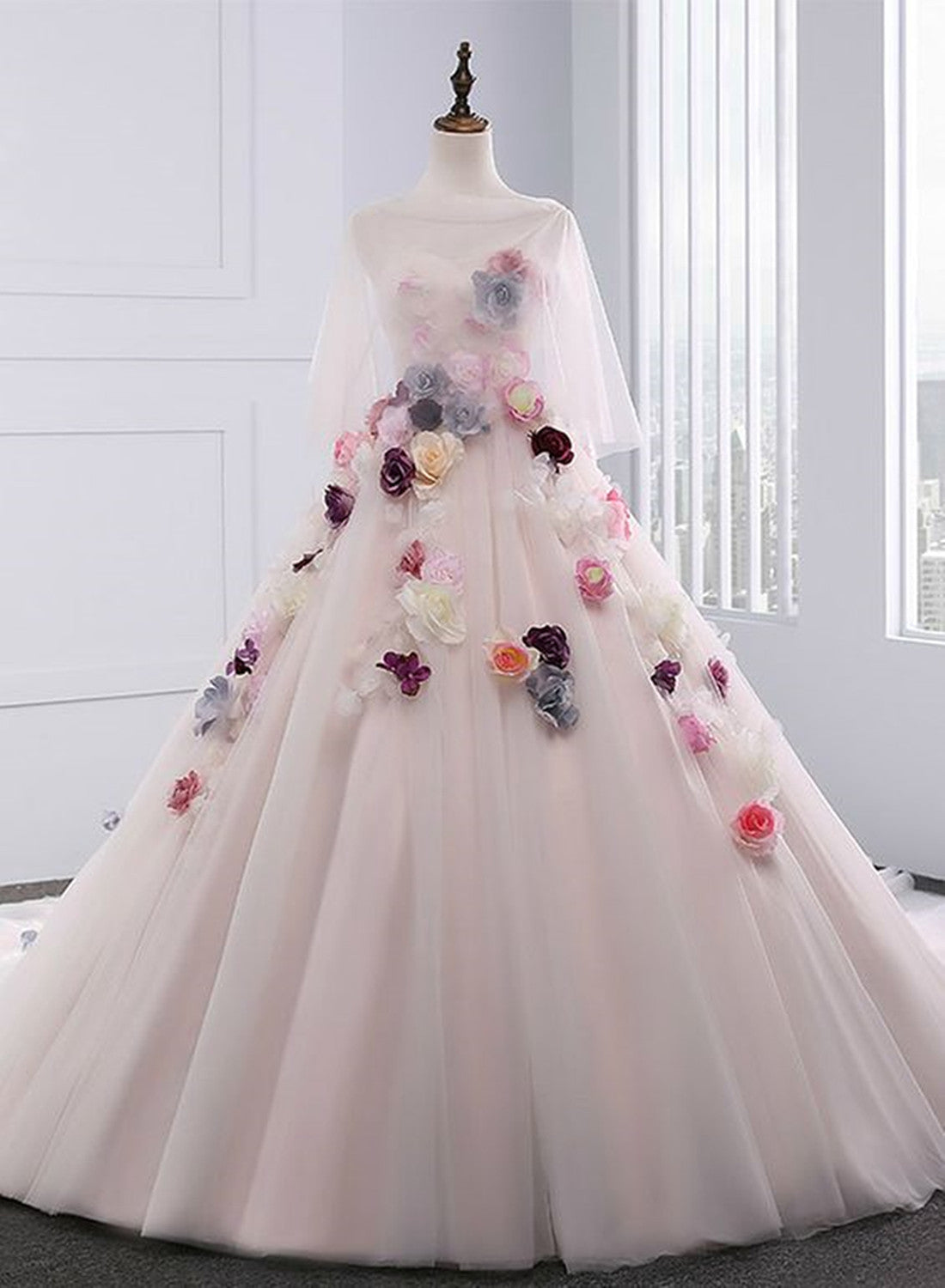 Light Pink Tulle Ball Gown Formal Dress with Flowers, Pink Sweet 16 Gown