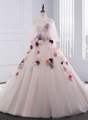 Light Pink Tulle Ball Gown Formal Dress with Flowers, Pink Sweet 16 Gown