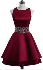 Dark Red Satin Short Two Layered Homecoming Dress, O-neckline Party Dress, Short Formal Dress