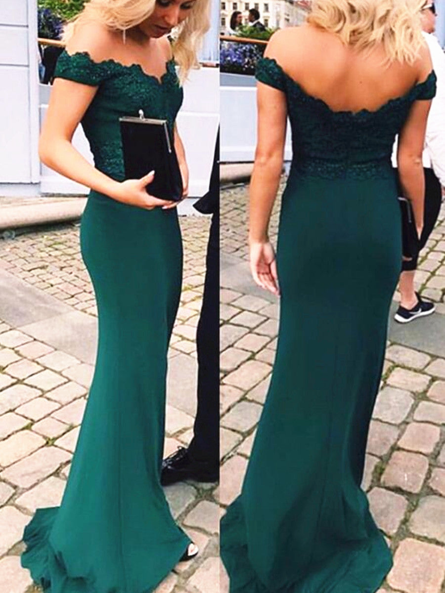 A Line Off Shoulder Emerald Green Lace Mermaid Prom Dress, Green Lace Bridesmaid Dress, Graduation Dresses, Formal Dresses