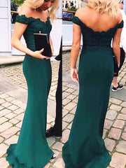 A Line Off Shoulder Emerald Green Lace Mermaid Prom Dress, Green Lace Bridesmaid Dress, Graduation Dresses, Formal Dresses