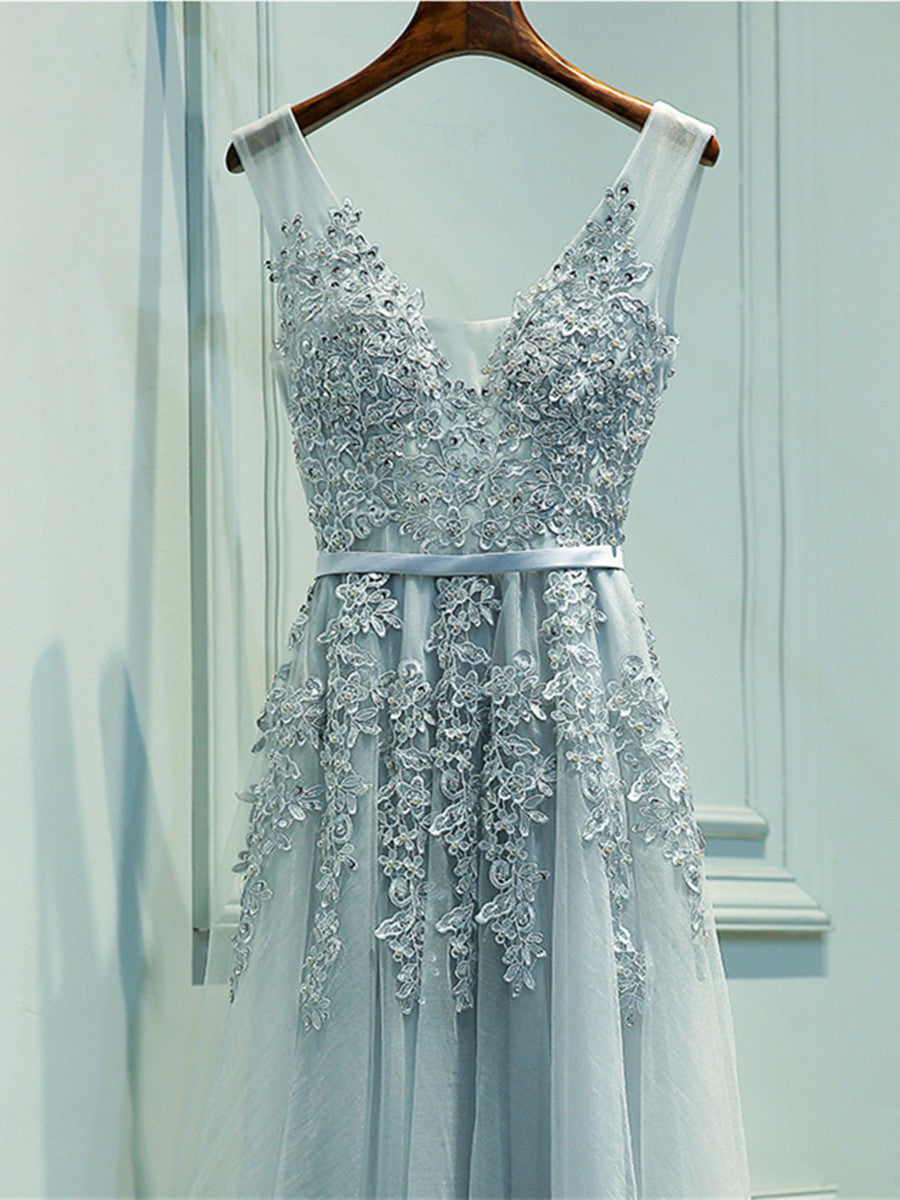 Custom Made A Line Gray/Navy Blue/Burgundy Lace Prom Dresses, Bridesmaid Dresses, Lace Graduation Dresses