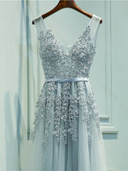 Custom Made A Line Gray/Navy Blue/Burgundy Lace Prom Dresses, Bridesmaid Dresses, Lace Graduation Dresses