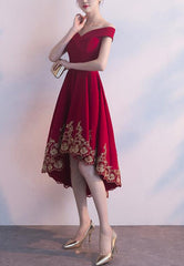 Red High Low Party Dress with Gold Applique, Stylish Formal Dress, Cute Party Dress
