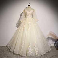 Beautiful Ivory Tulle Long Sleeves Floral Sweet 16 Gown, Party Gowns